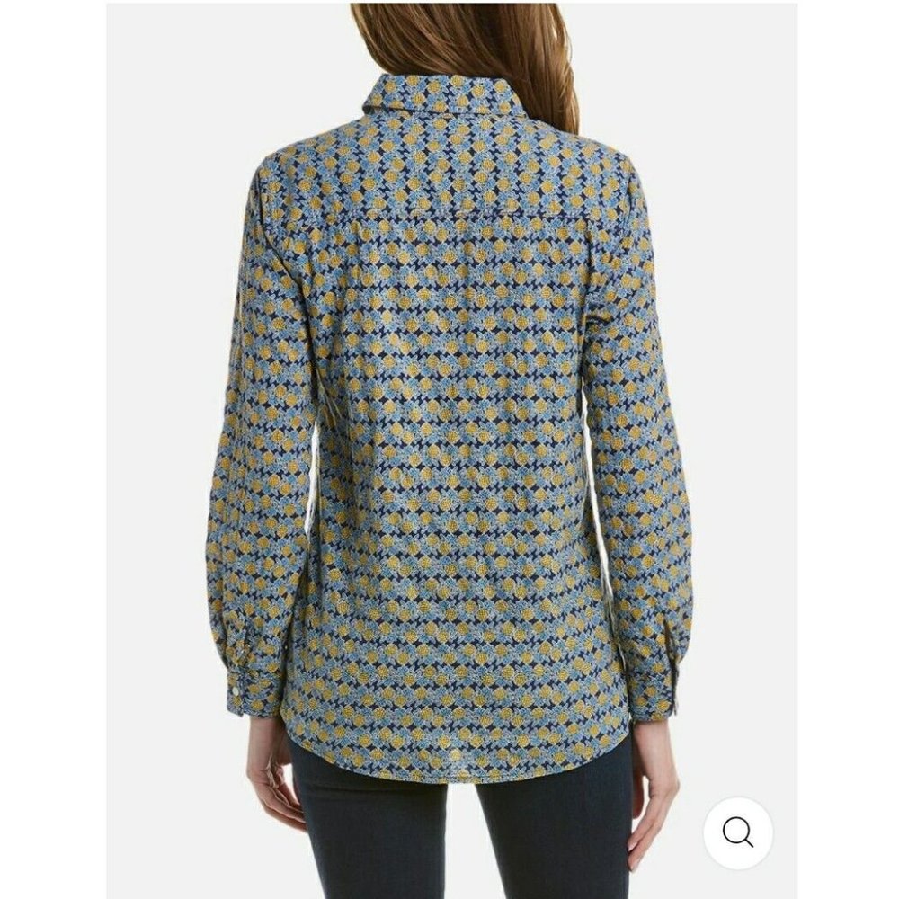 J. McLaughlin Women’s Lois Button Front Shirt Size M Blouse Pineapple Navy Blue - Picture 2 of 9